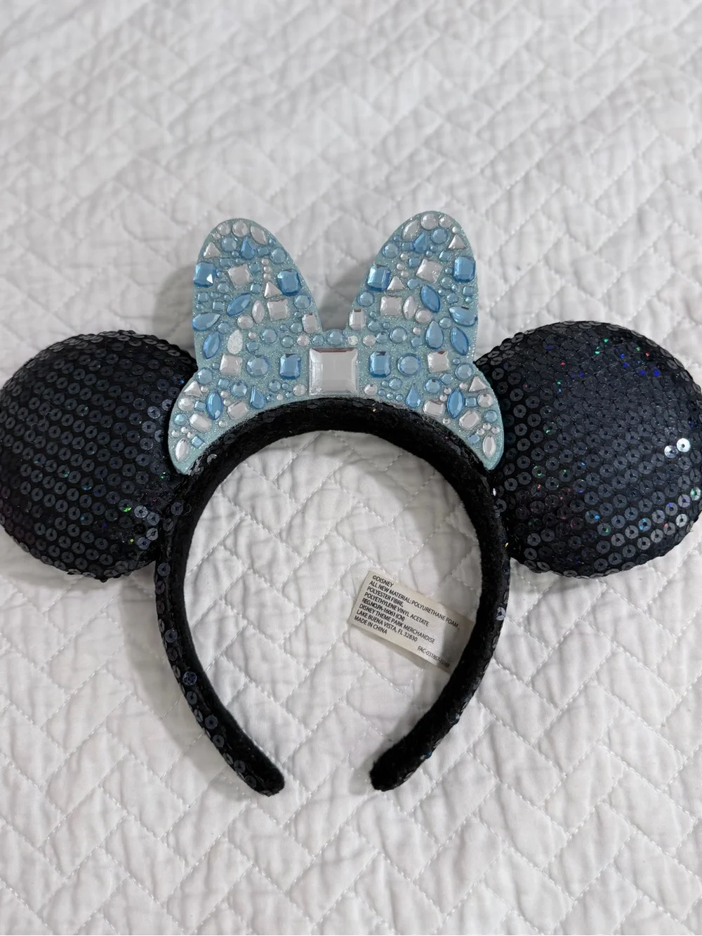 Disney Parks Black Sequin Minnie Ears Blue Jeweled Bow Headband Signed